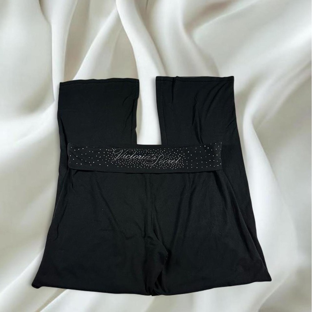 Victoria's Secret PINK black rhinestone fold over flare leggings y2k mcbling